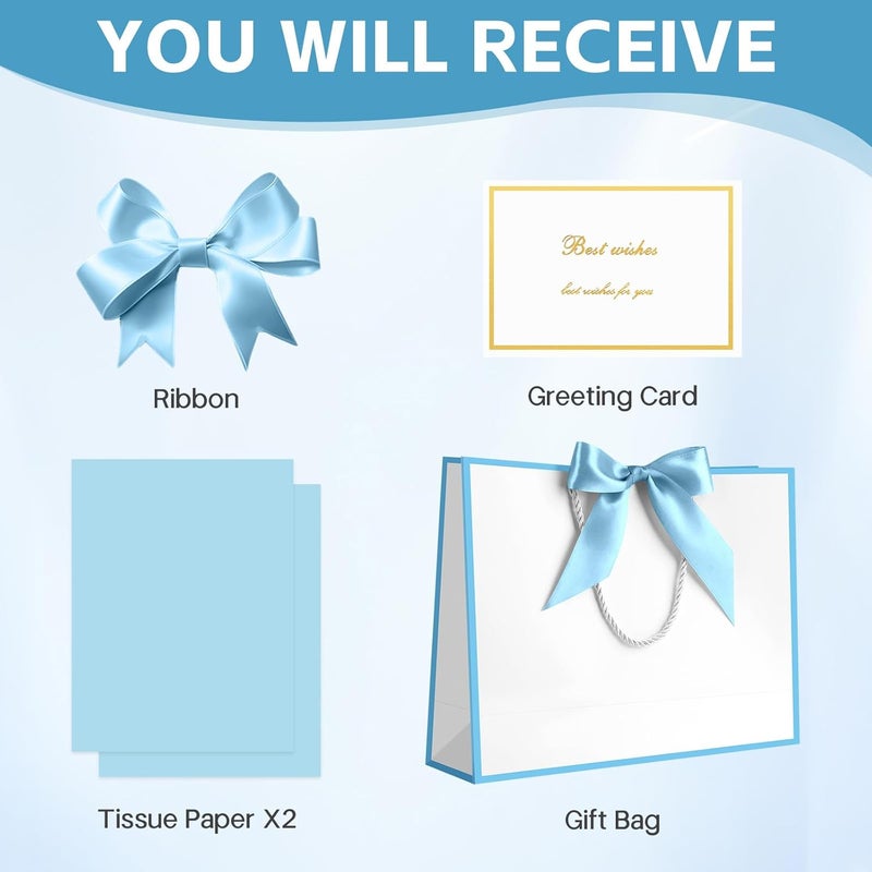 JMANNI 1PCS Large Gift Bag with Ribbon and 1 Greeting Card 2 Tissue Papers, Portable Paper Gift Bag with Handles, Birthday Present Bags for Wedding Party,Mothers Day12.6" x 9.8" x 3.9"(White-Blue - Image 3